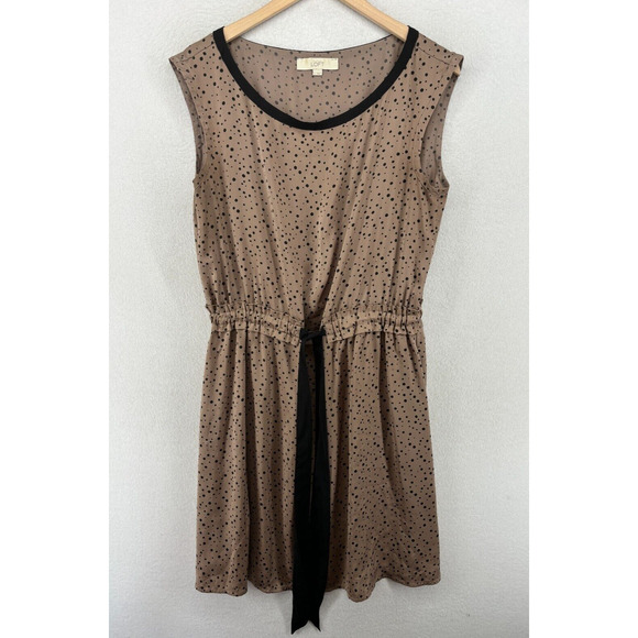 ANN TAYLOR LOFT Dress L Polka Dot Blouson Knee Length Cinched Sleeveless Brown - Picture 1 of 15